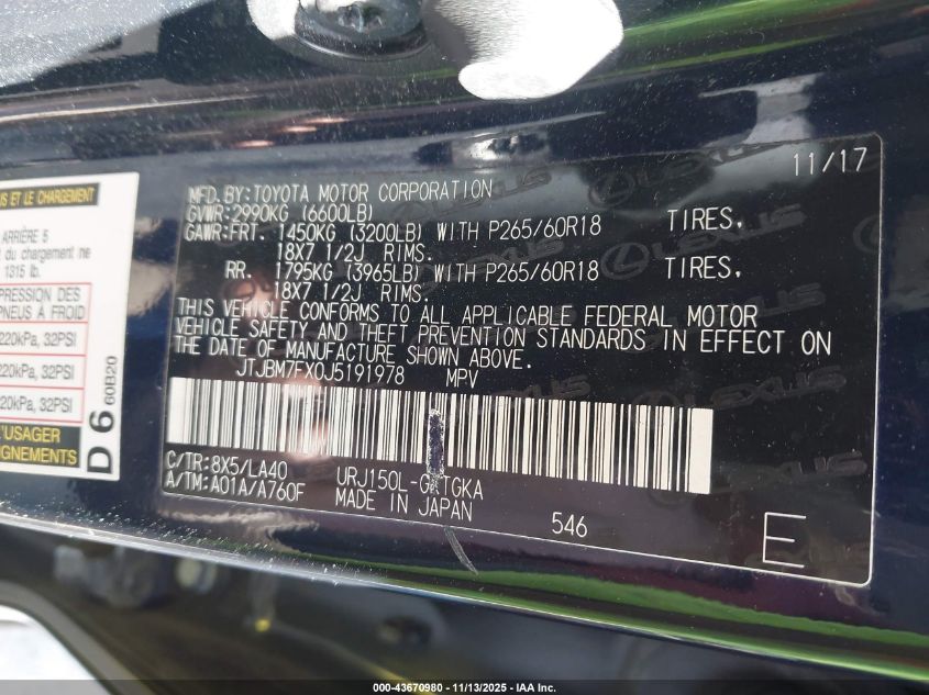 2018 Lexus Gx 460 VIN: JTJBM7FX0J5191978 Lot: 43670980