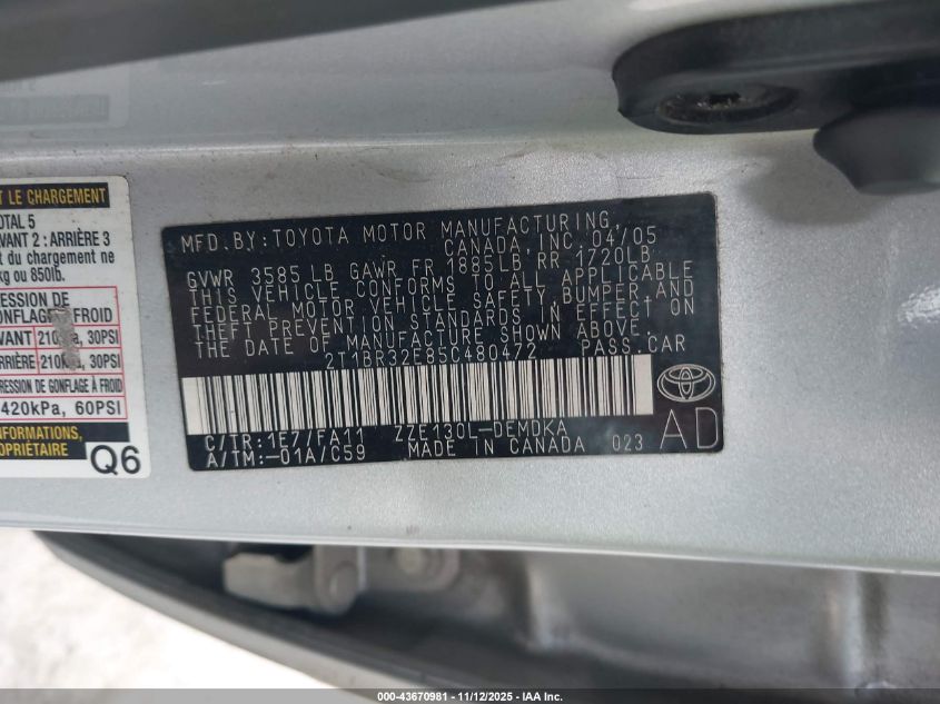 2005 Toyota Corolla Ce VIN: 2T1BR32E85C480472 Lot: 43670981