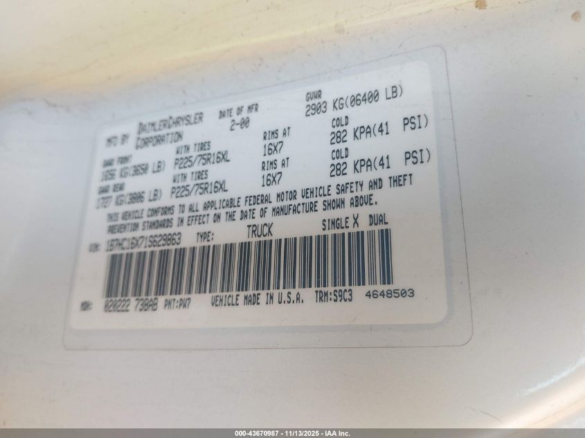 2001 Dodge Ram 1500 St/Ws VIN: 1B7HC16X71S629863 Lot: 43670987