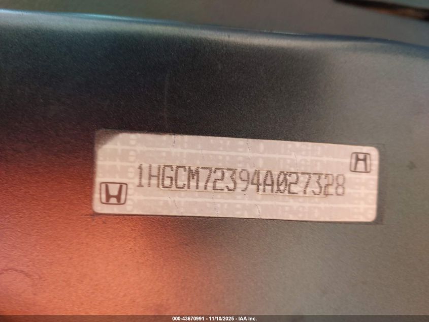 2004 Honda Accord 2.4 Lx VIN: 1HGCM72394A027328 Lot: 43670991