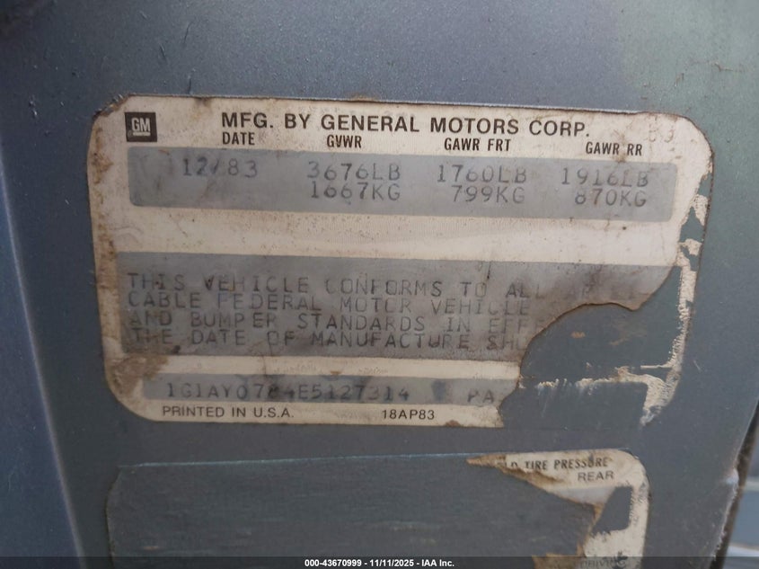 1984 Chevrolet Corvette VIN: 1G1AY0784E5127314 Lot: 43670999