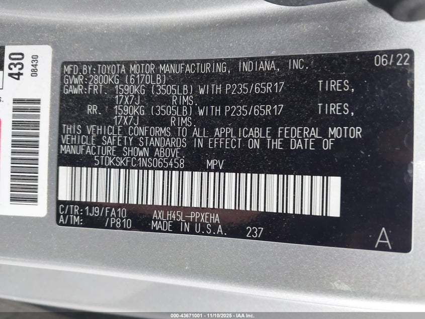 2022 TOYOTA SIENNA LE 5TDKSKFC1NS065458