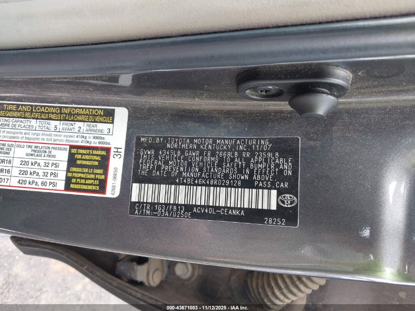 2008 Toyota Camry Le VIN: 4T4BE46K48R029128 Lot: 43671003