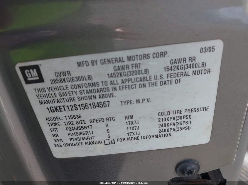 2005 GMC Envoy Xuv Sle VIN: 1GKET12S156184567 Lot: 43671016