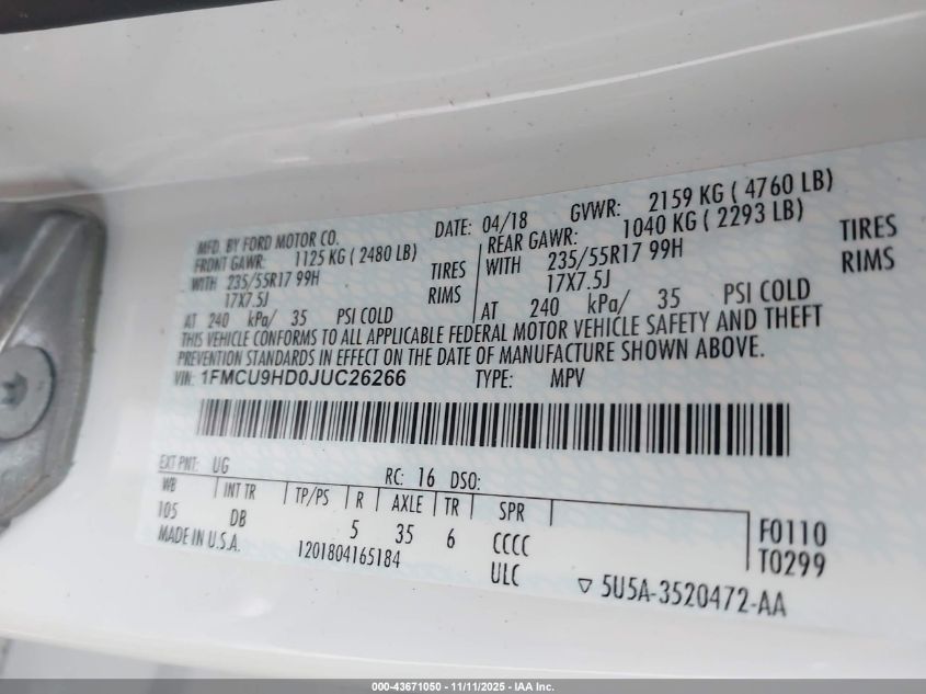 2018 Ford Escape Sel VIN: 1FMCU9HD0JUC26266 Lot: 43671050