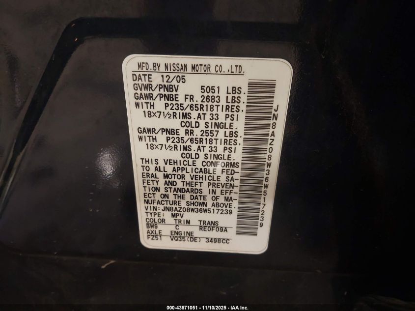 2006 Nissan Murano Sl VIN: JN8AZ08W36W517239 Lot: 43671051