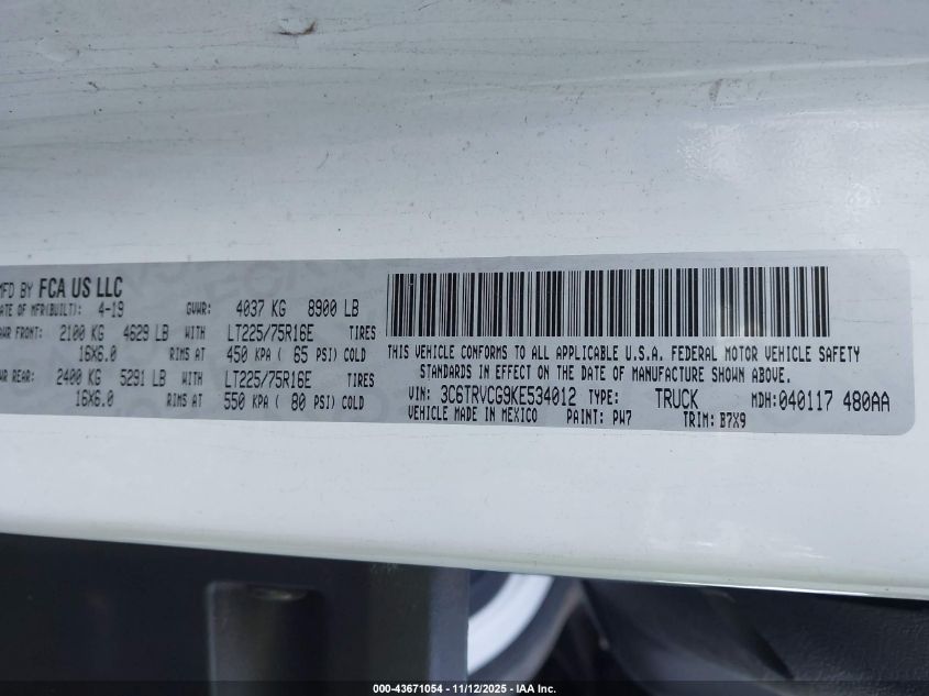 2019 Ram Promaster 2500 High Roof 136 Wb VIN: 3C6TRVCG9KE534012 Lot: 43671054