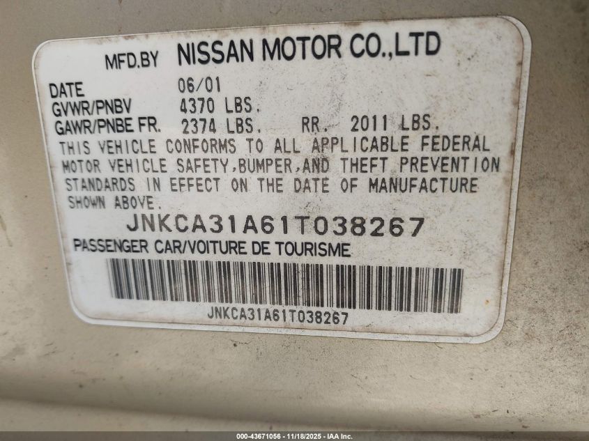 2001 Infiniti I30 Luxury VIN: JNKCA31A61T038267 Lot: 43671056