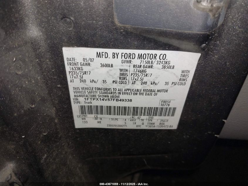 2007 Ford F-150 Fx4/Lariat/Xl/Xlt VIN: 1FTPX14V57FB49338 Lot: 43671059