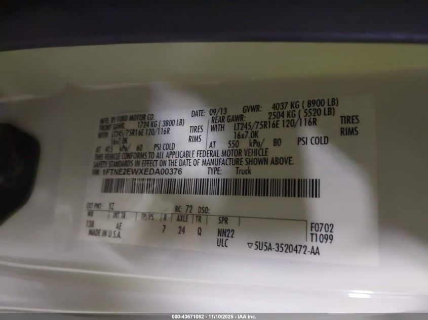 2014 Ford E-250 Commercial VIN: 1FTNE2EWXEDA00376 Lot: 43671082