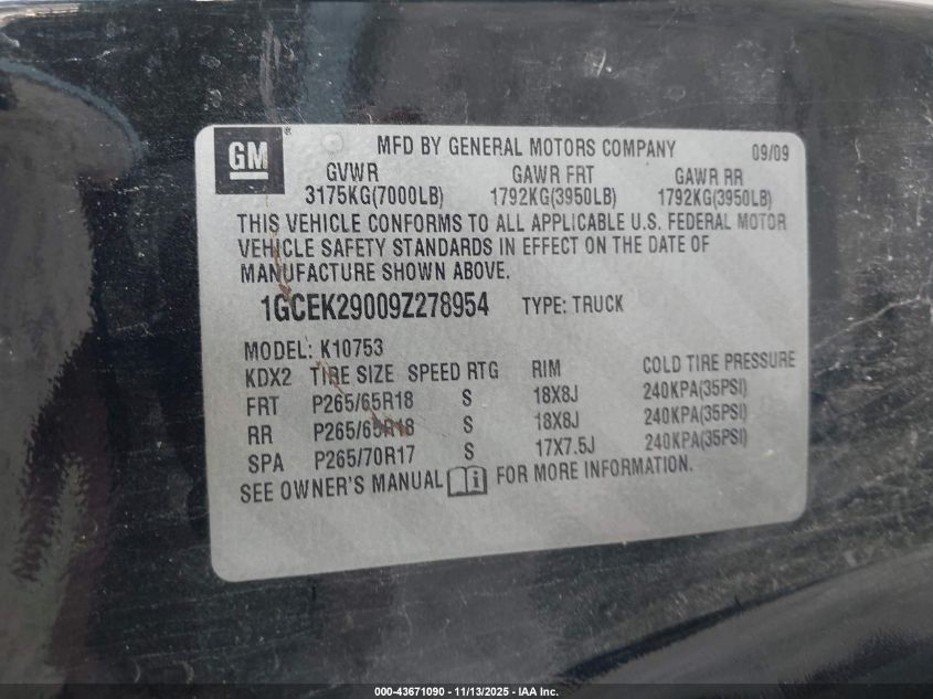 2009 Chevrolet Silverado 1500 Lt VIN: 1GCEK29009Z278954 Lot: 43671090