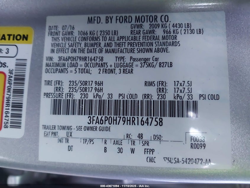 3FA6P0H79HR164758 2017 FORD FUSION photo no. 9