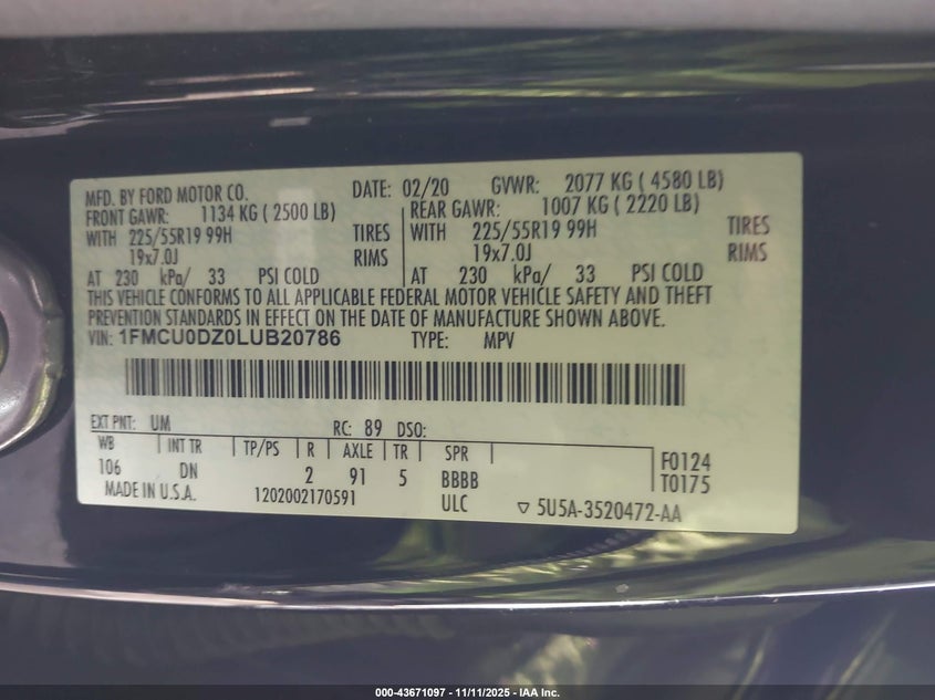 2020 Ford Escape Titanium Hybrid VIN: 1FMCU0DZ0LUB20786 Lot: 43671097