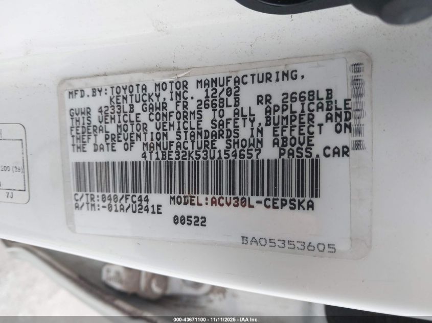 2003 Toyota Camry Se VIN: 4T1BE32K53U154657 Lot: 43671100