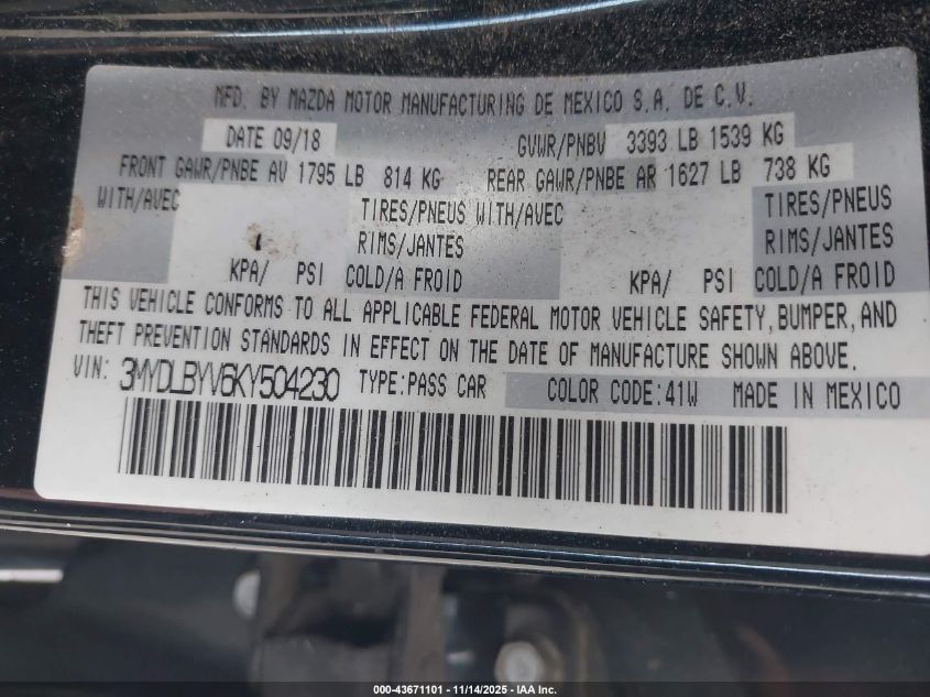 2019 Toyota Yaris Le VIN: 3MYDLBYV6KY504230 Lot: 43671101