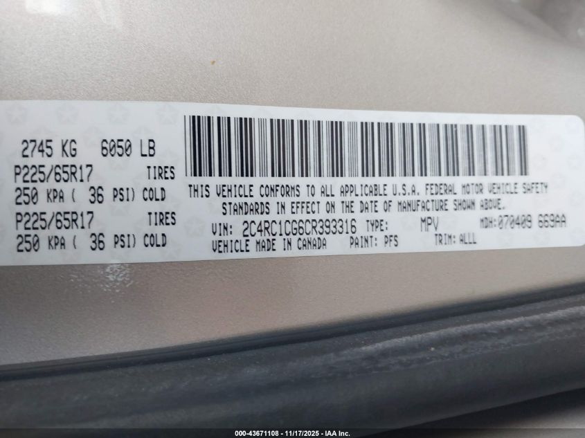 2012 Chrysler Town & Country Touring-L VIN: 2C4RC1CG6CR393316 Lot: 43671108