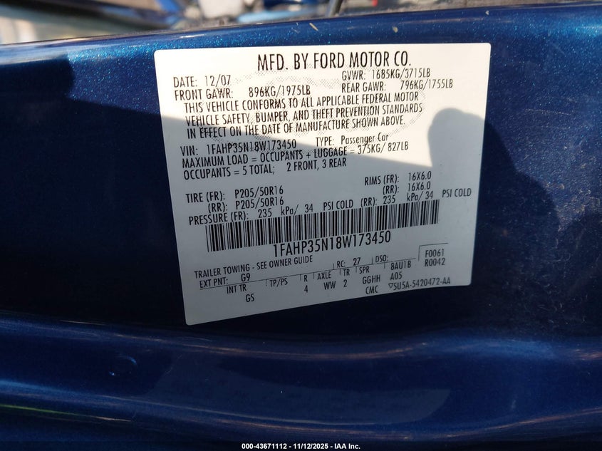 1FAHP35N18W173450 2008 FORD FOCUS photo no. 9