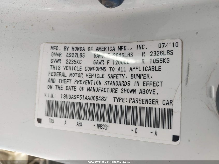 2010 Acura Tl 3.7 VIN: 19UUA9F51AA008482 Lot: 43671132