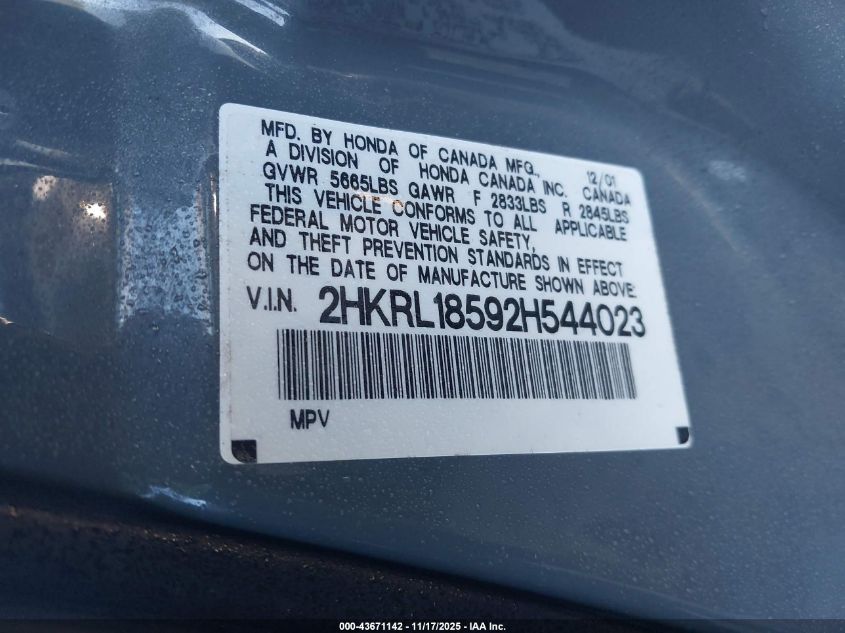 2002 Honda Odyssey Lx VIN: 2HKRL18592H544023 Lot: 43671142