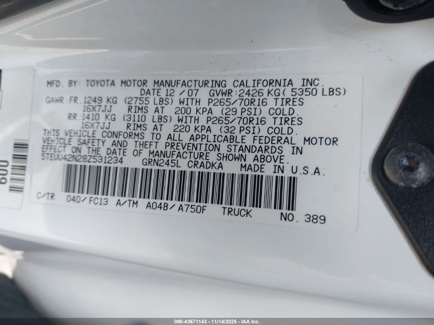 2008 Toyota Tacoma Base V6 VIN: 5TEUU42N28Z531234 Lot: 43671143