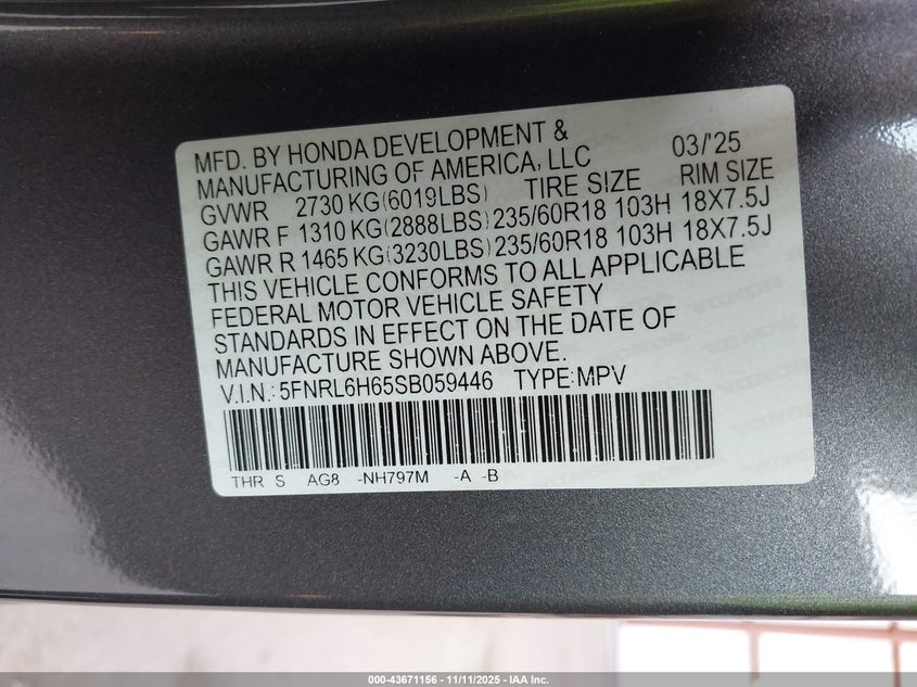 2025 HONDA ODYSSEY EX-L 5FNRL6H65SB059446