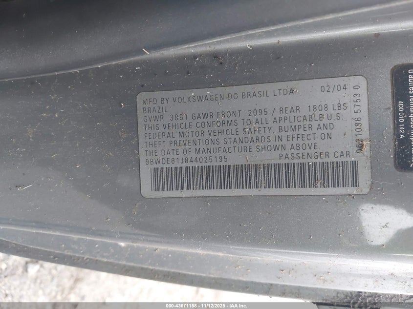 2004 Volkswagen Gti 1.8T VIN: 9BWDE61J844025195 Lot: 43671158