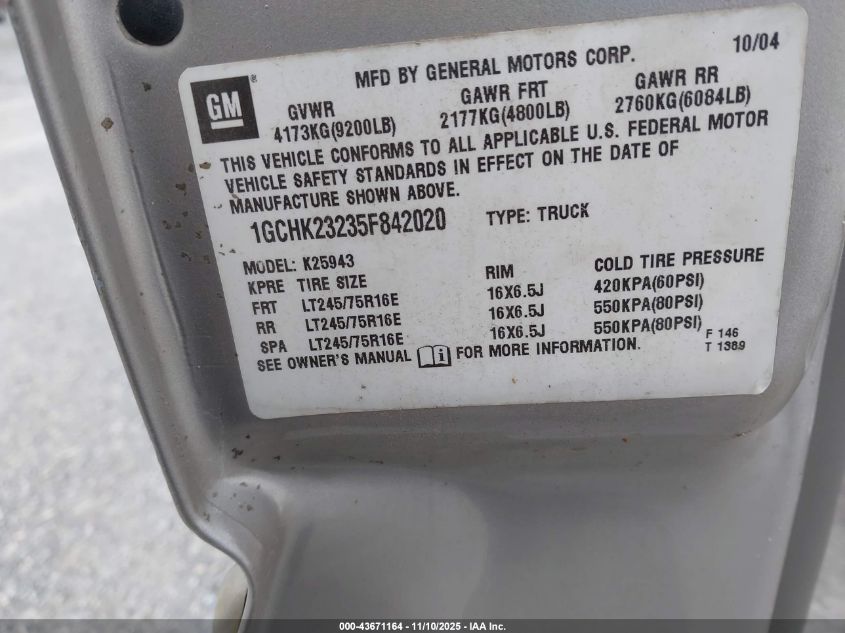 2005 Chevrolet Silverado 2500Hd Ls VIN: 1GCHK23235F842020 Lot: 43671164