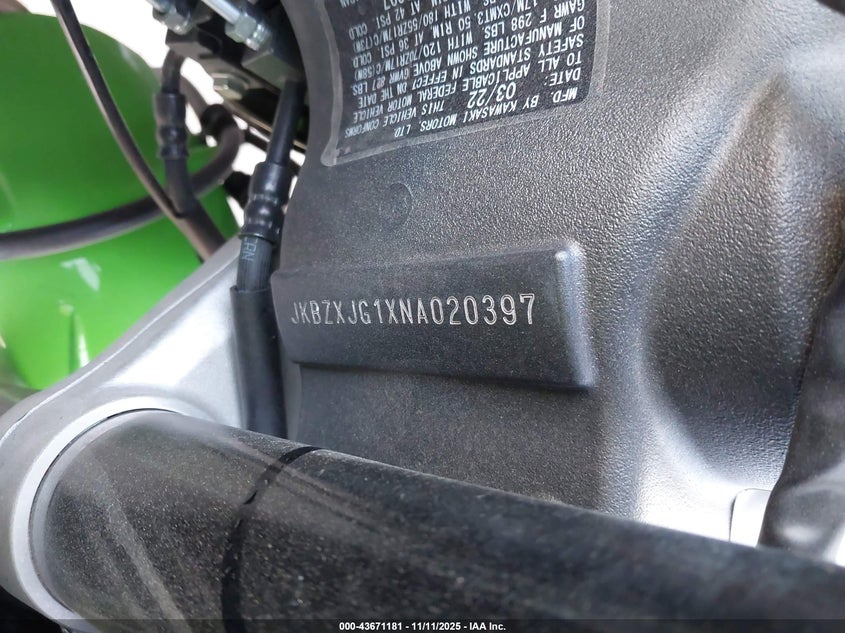 2022 Kawasaki Zx636 K VIN: JKBZXJG1XNA020397 Lot: 43671181