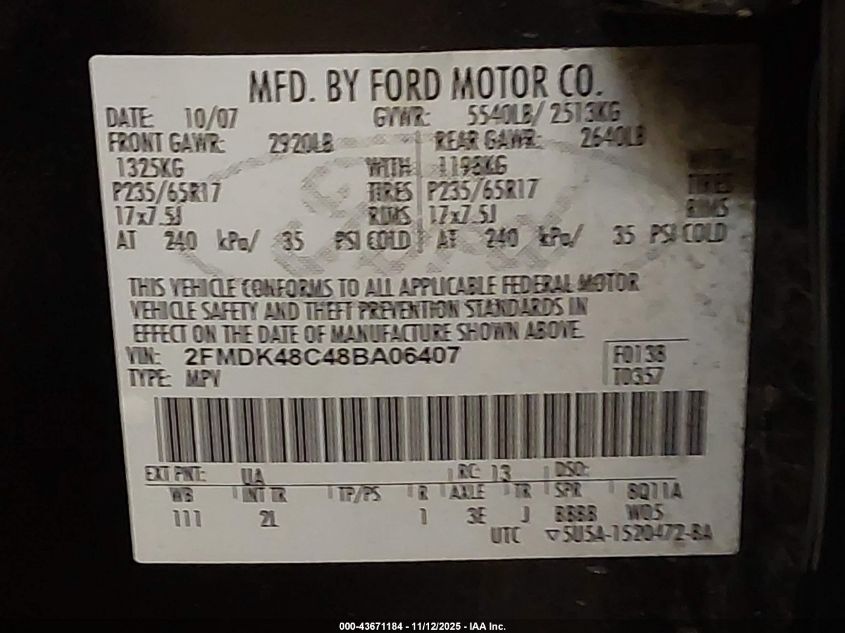 2008 Ford Edge Sel VIN: 2FMDK48C48BA06407 Lot: 43671184