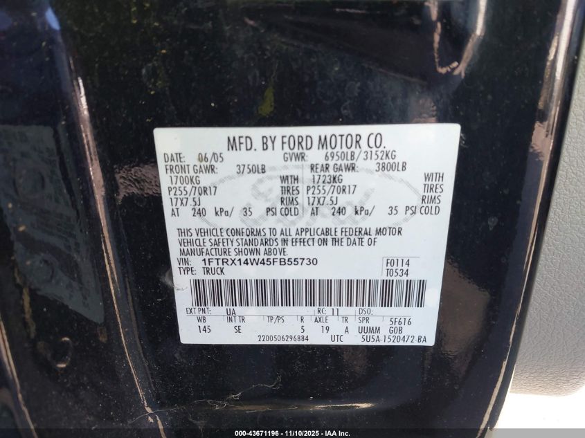 2005 Ford F-150 Stx/Xl/Xlt VIN: 1FTRX14W45FB55730 Lot: 43671196