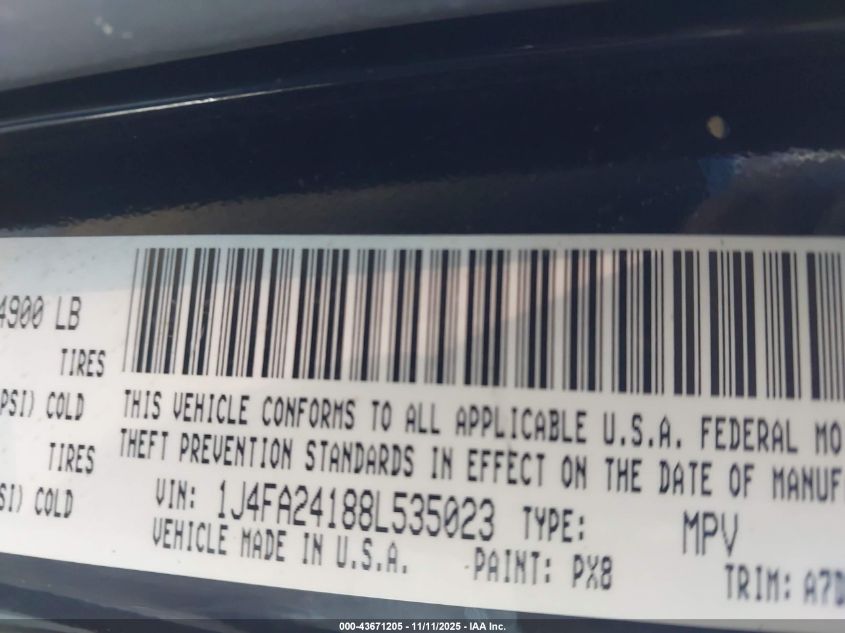 2008 Jeep Wrangler X VIN: 1J4FA24188L535023 Lot: 43671205