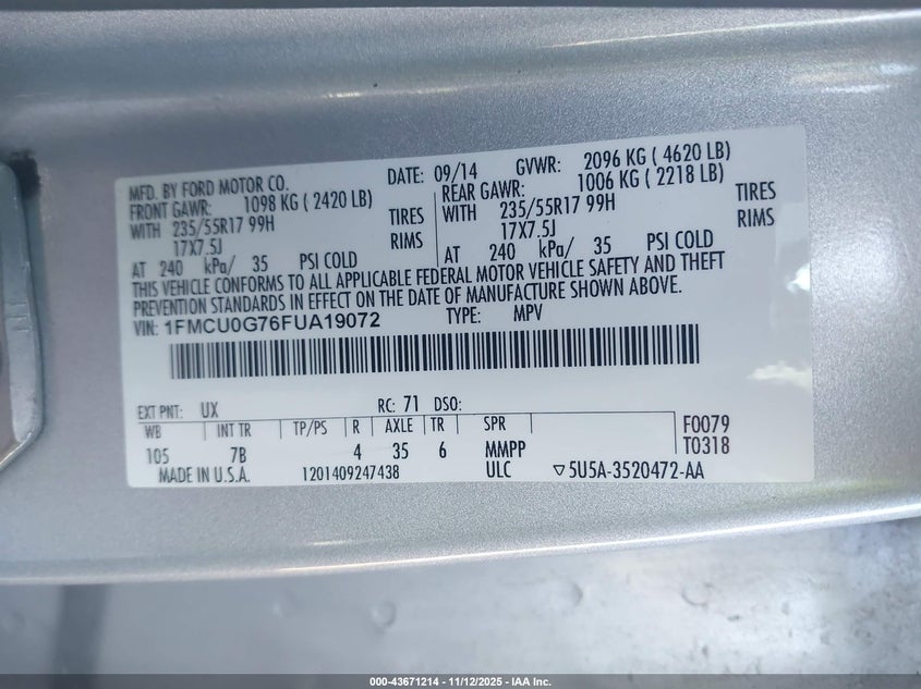 1FMCU0G76FUA19072 2015 FORD ESCAPE photo no. 9