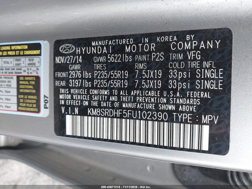 2015 HYUNDAI SANTA FE LIMITED KM8SRDHF5FU102390