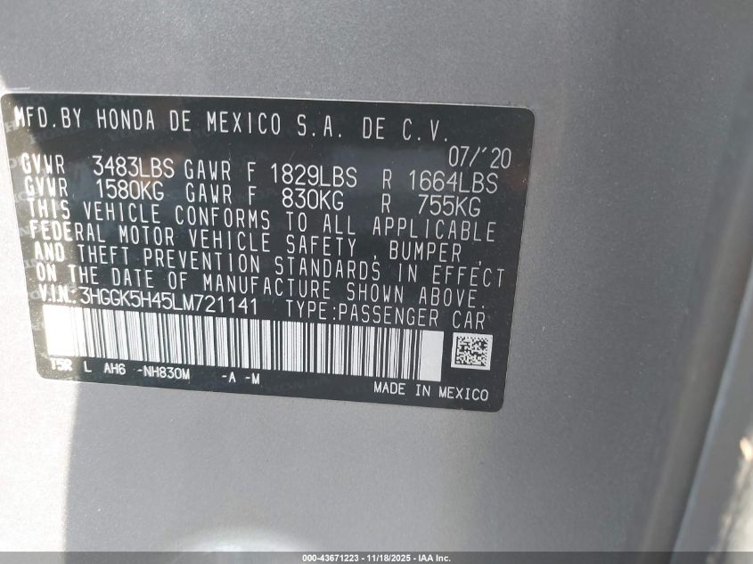 2020 Honda Fit Lx VIN: 3HGGK5H45LM721141 Lot: 43671223