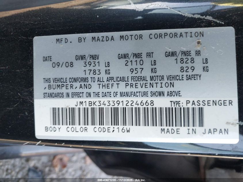 2009 Mazda Mazda3 S Touring VIN: JM1BK343391224668 Lot: 43671235