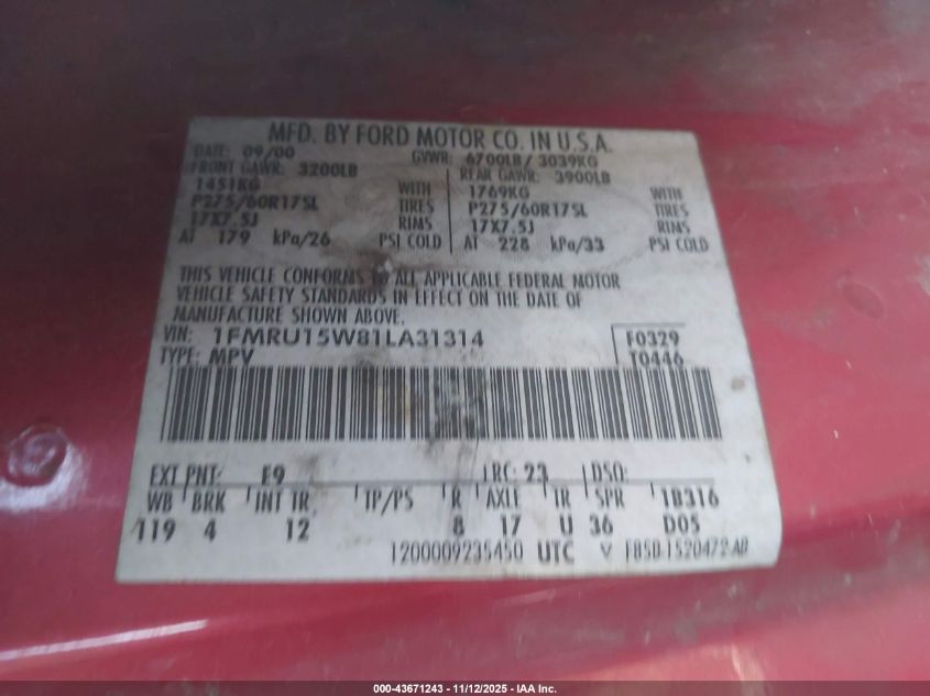 2001 Ford Expedition Xlt VIN: 1FMRU15W81LA31314 Lot: 43671243