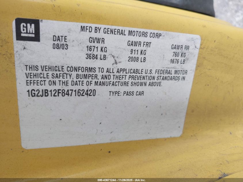 2004 Pontiac Sunfire VIN: 1G2JB12F847162420 Lot: 43671244