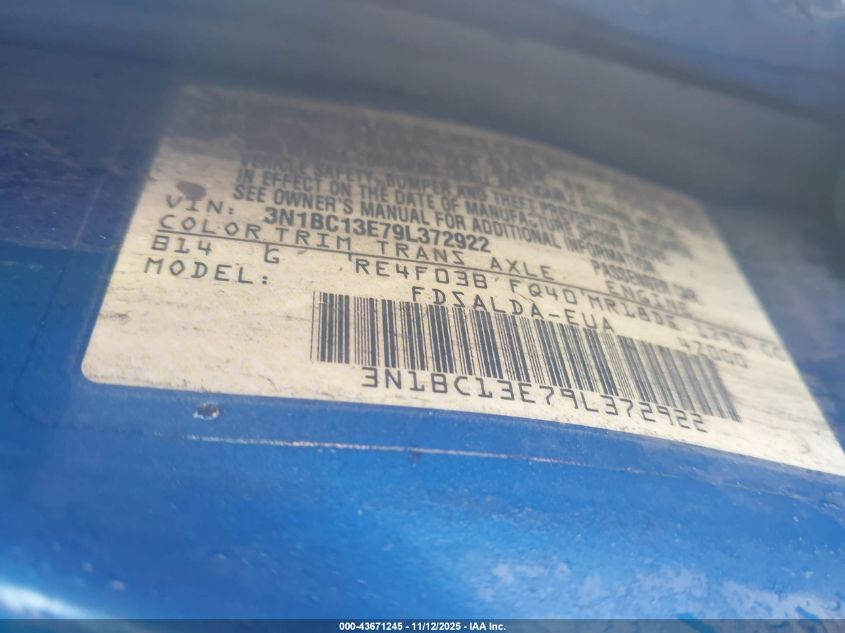 2009 Nissan Versa 1.8S VIN: 3N1BC13E79L372922 Lot: 43671245