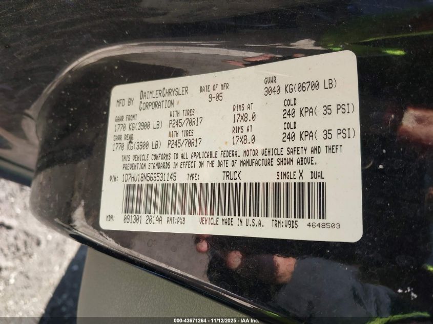 2006 Dodge Ram 1500 Slt/Trx4 Off Road/Sport VIN: 1D7HU18N56S531145 Lot: 43671264