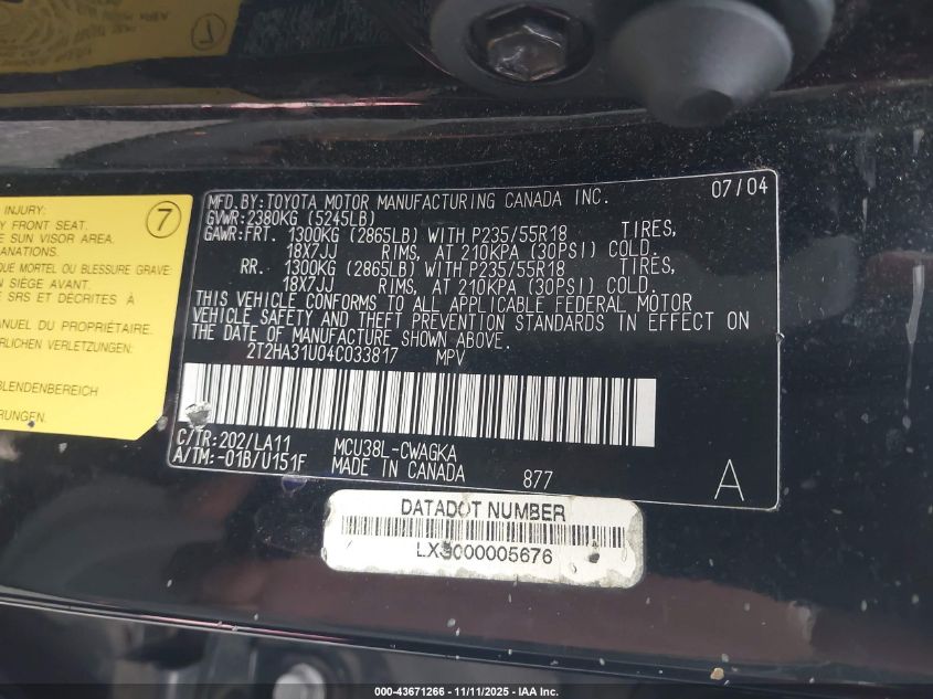 2004 Lexus Rx 330 VIN: 2T2HA31U04C033817 Lot: 43671266