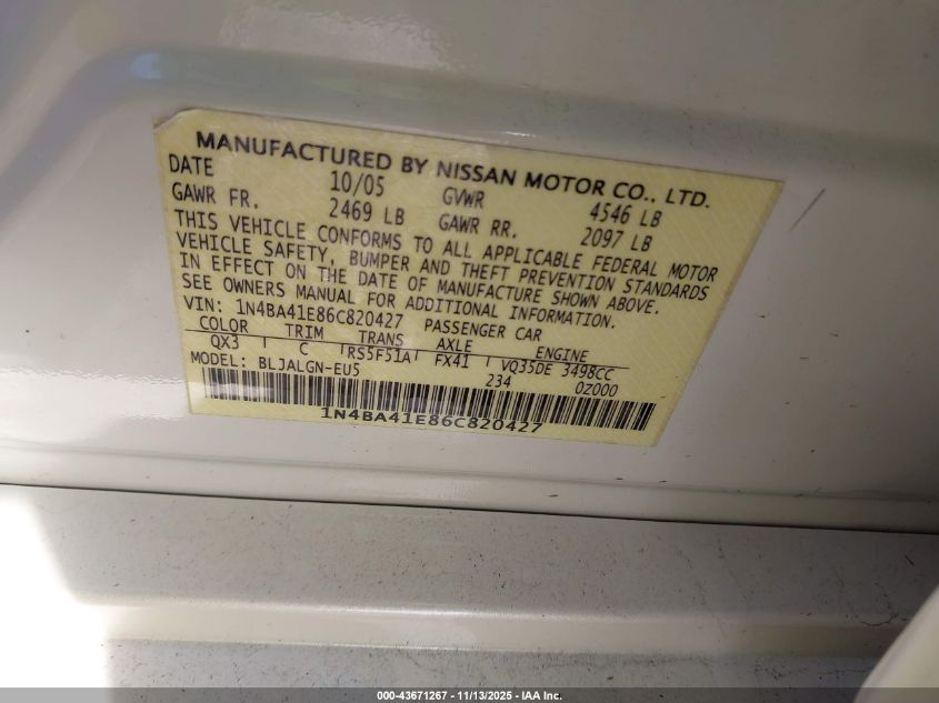 2006 Nissan Maxima 3.5 Sl VIN: 1N4BA41E86C820427 Lot: 43671267