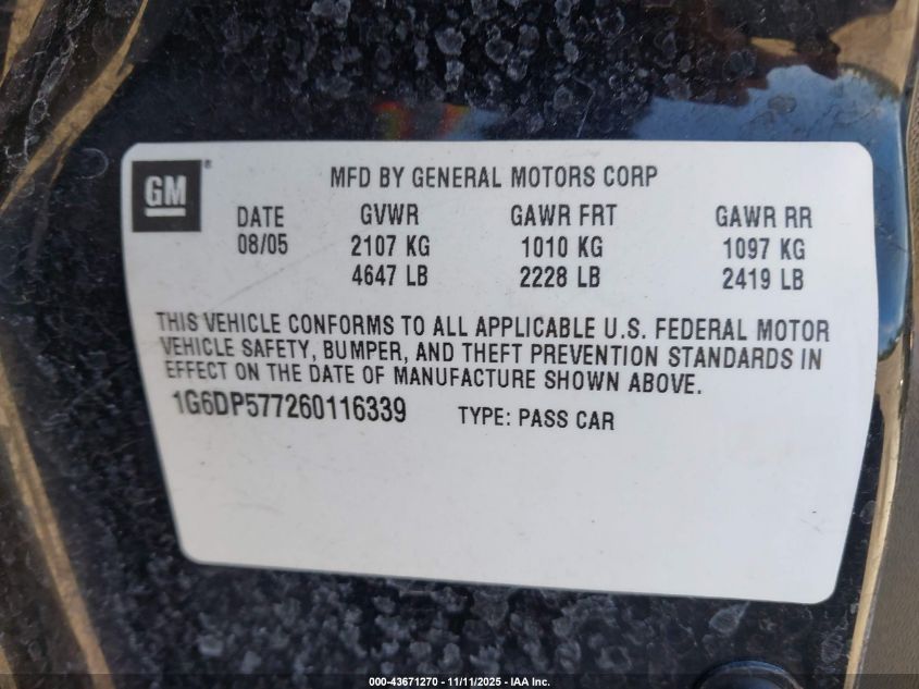 2006 Cadillac Cts Standard VIN: 1G6DP577260116339 Lot: 43671270