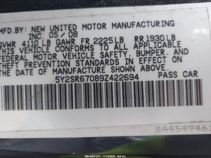 2009 Pontiac Vibe Gt VIN: 5Y2SR67089Z422694 Lot: 43671271