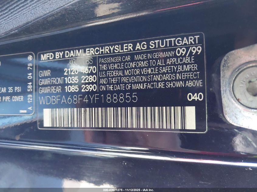 2000 Mercedes-Benz Sl 500 VIN: WDBFA68F4YF188855 Lot: 43671275