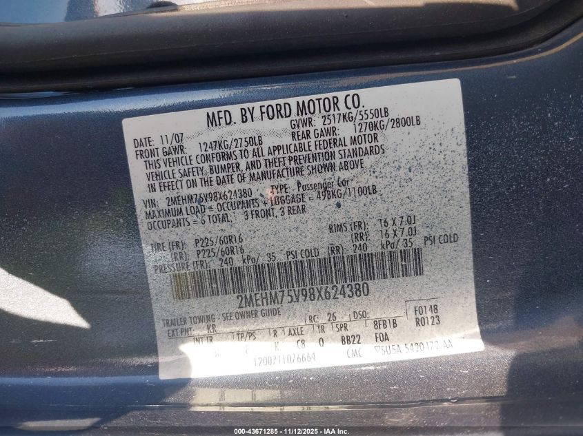 2008 Mercury Grand Marquis Ls VIN: 2MEHM75V98X624380 Lot: 43671285