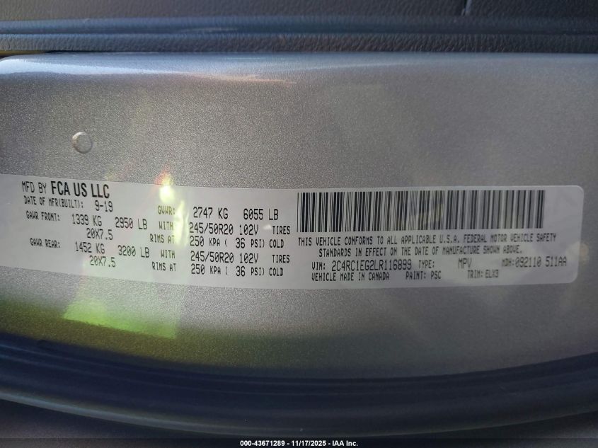 2020 Chrysler Pacifica 35Th Anniversary Touring L Plus VIN: 2C4RC1EG2LR116899 Lot: 43671289