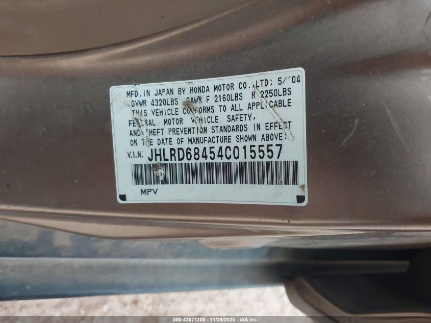 2004 Honda Cr-V Lx VIN: JHLRD68454C015557 Lot: 43671300