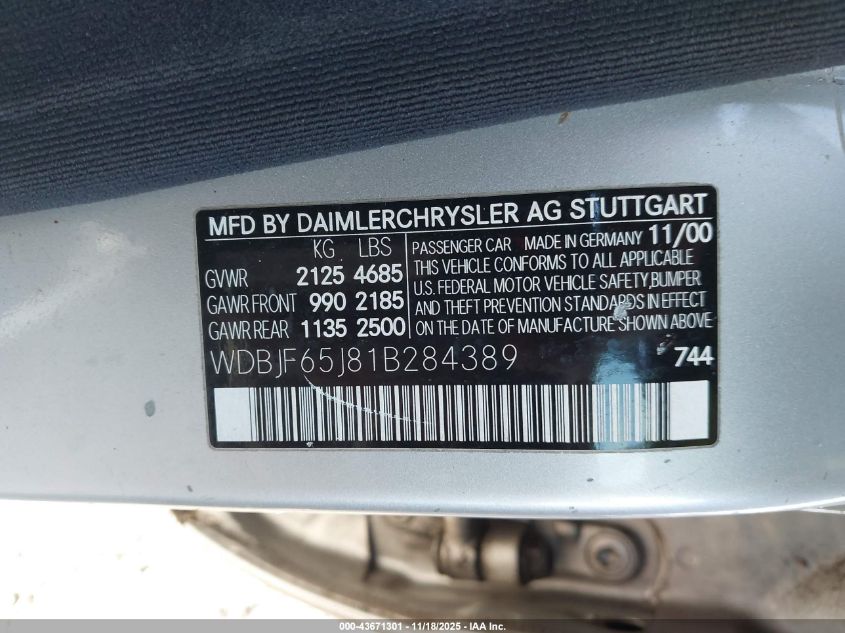 2001 Mercedes-Benz E 320 VIN: WDBJF65J81B284389 Lot: 43671301