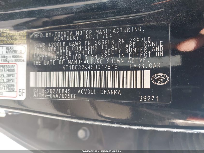 2005 Toyota Camry Le VIN: 4T1BE32K45U012819 Lot: 43671302