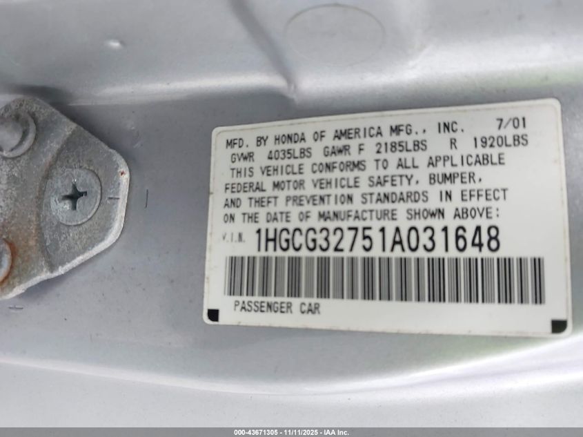 2001 Honda Accord 2.3 Ex VIN: 1HGCG32751A031648 Lot: 43671305
